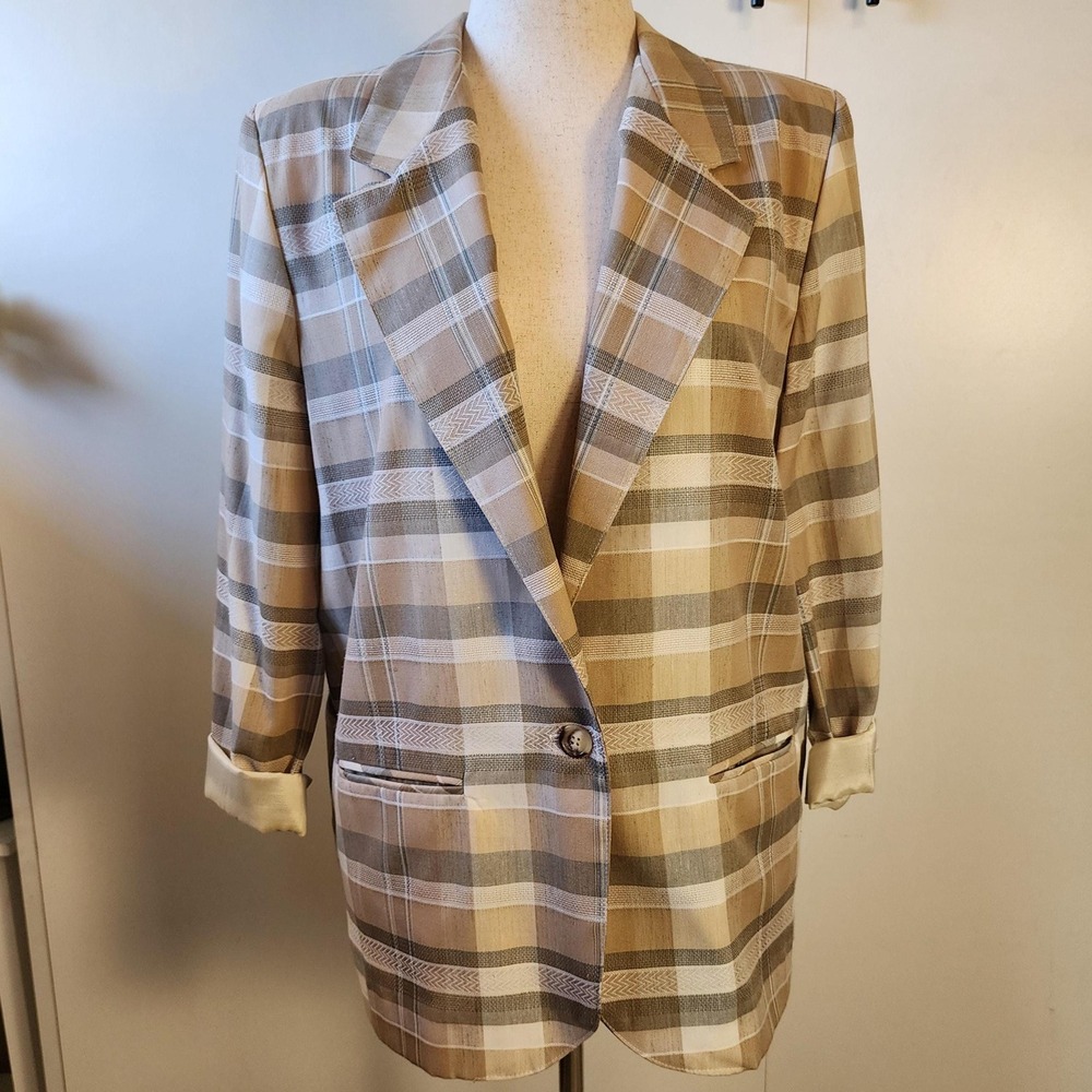 Christy Girl Vintage Taupe Plaid Blazer Womens 14 Petite Made in USA One Button‎